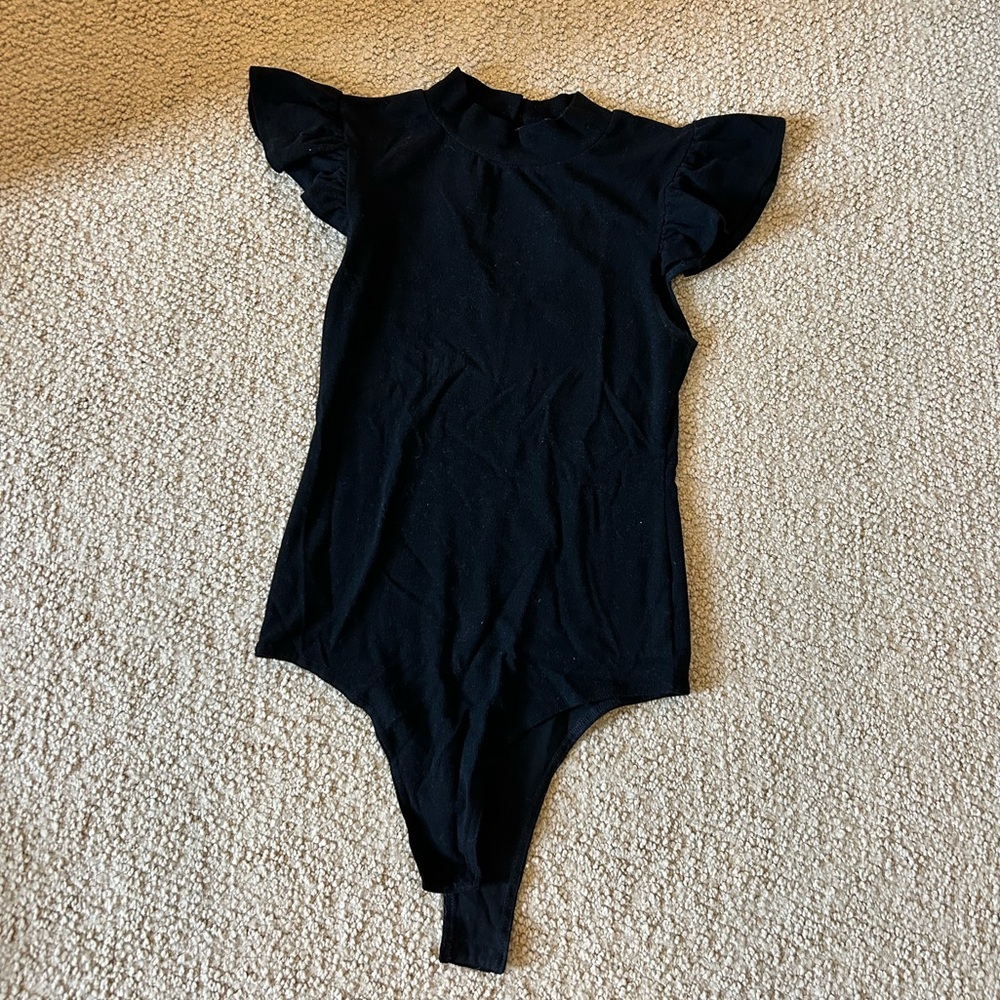 black high neck short sleeve soft body suit with frilly sleeves